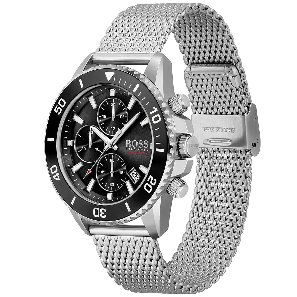 HUGO BOSS ADMIRAL SILVER MESH BRACELET BLACK DIAL CHRONOGRAPH