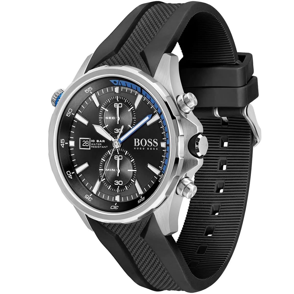 HUGO BOSS GLOBETROTTER BLACK SILICONE STRAP BLACK DIAL CHRONOGRAPH