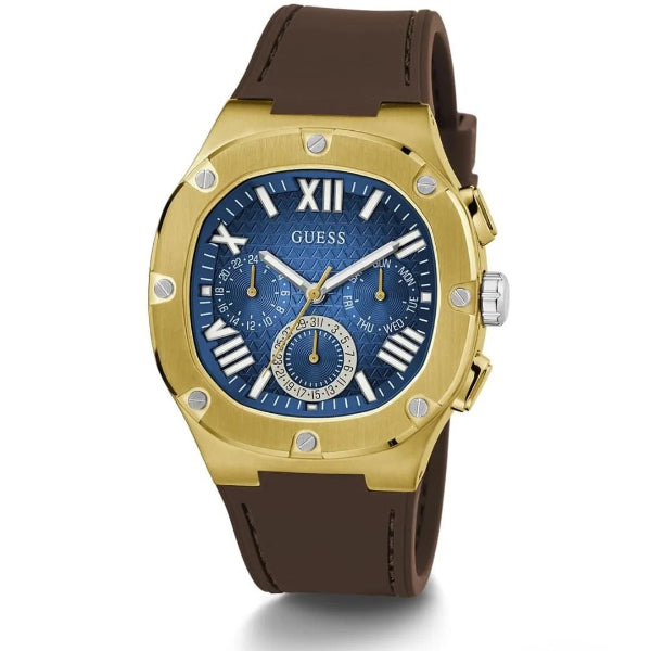 GUESS HEADLINE BROWN SILICONE STRAP BLUE DIAL