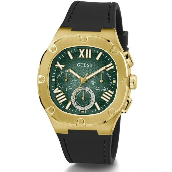 GUESS HEADLINE BLACK SILICONE STRAP GREEN DIAL