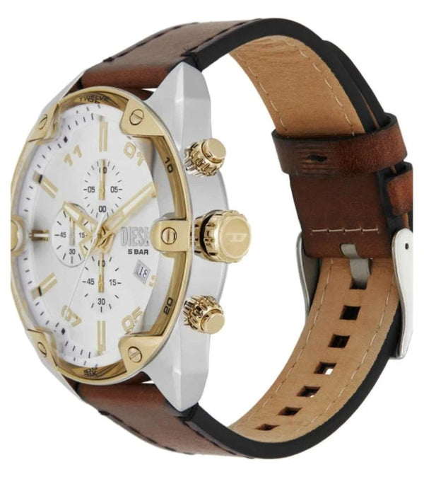DIESEL SPIKED BROWN LEATHER STRAP WHITE DIAL