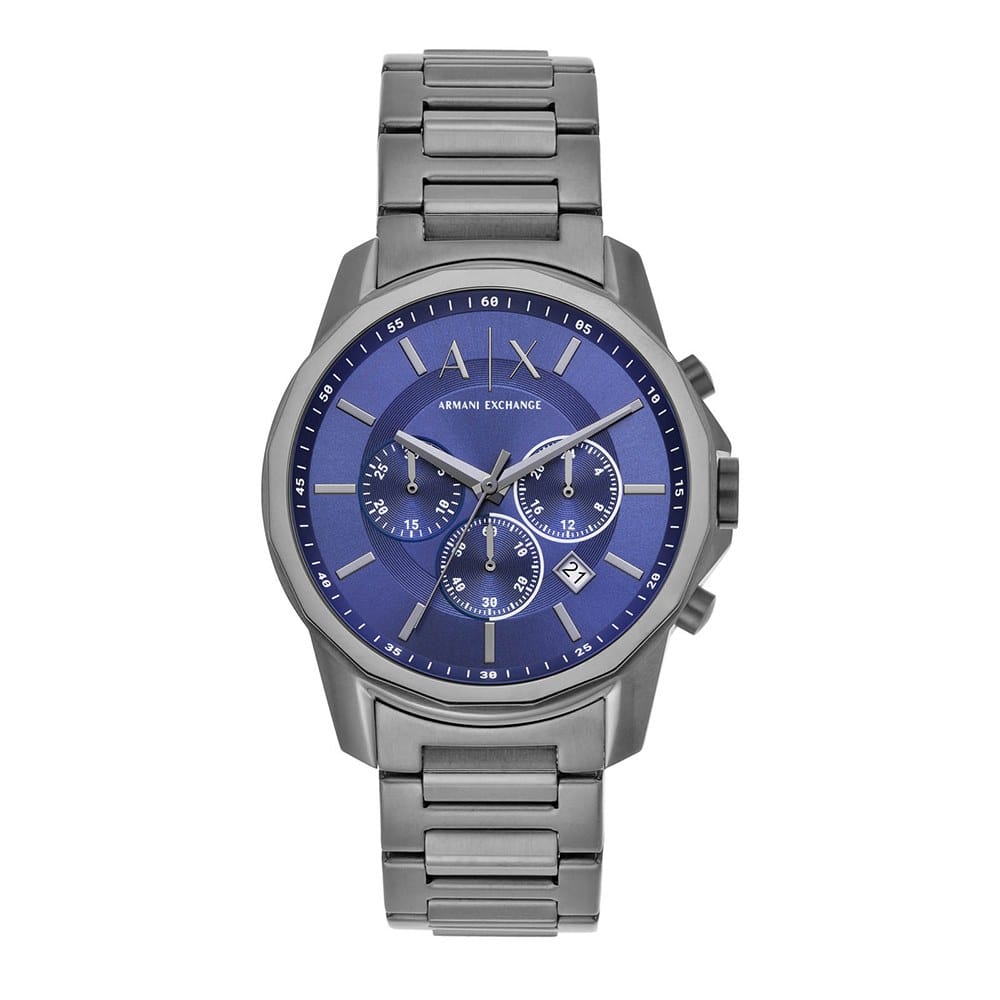 ARMANI EXCHANGE BANKS GUNMETAL STAINLESS STEEL BLUE DIAL CHRONOGRAPH