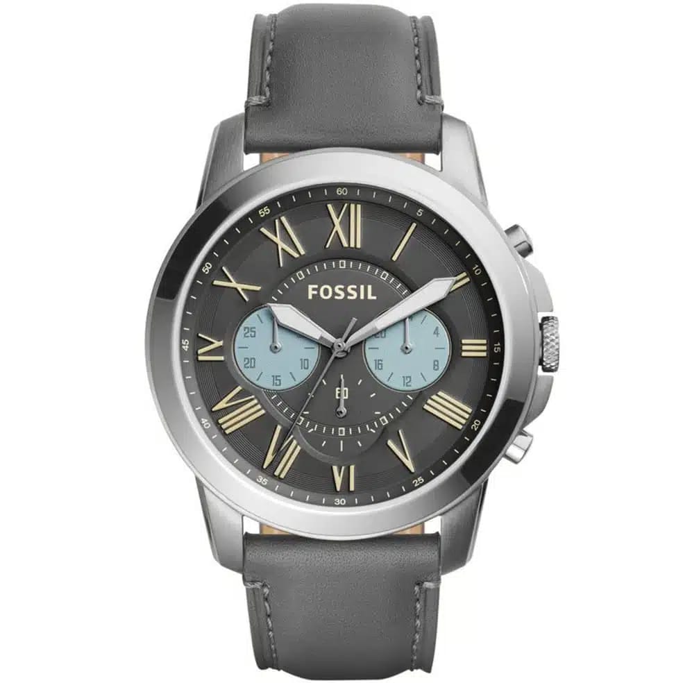 FOSSIL GRANT GREY LEATHER STRAP GUNMETAL DIAL CHRONOGRAPH