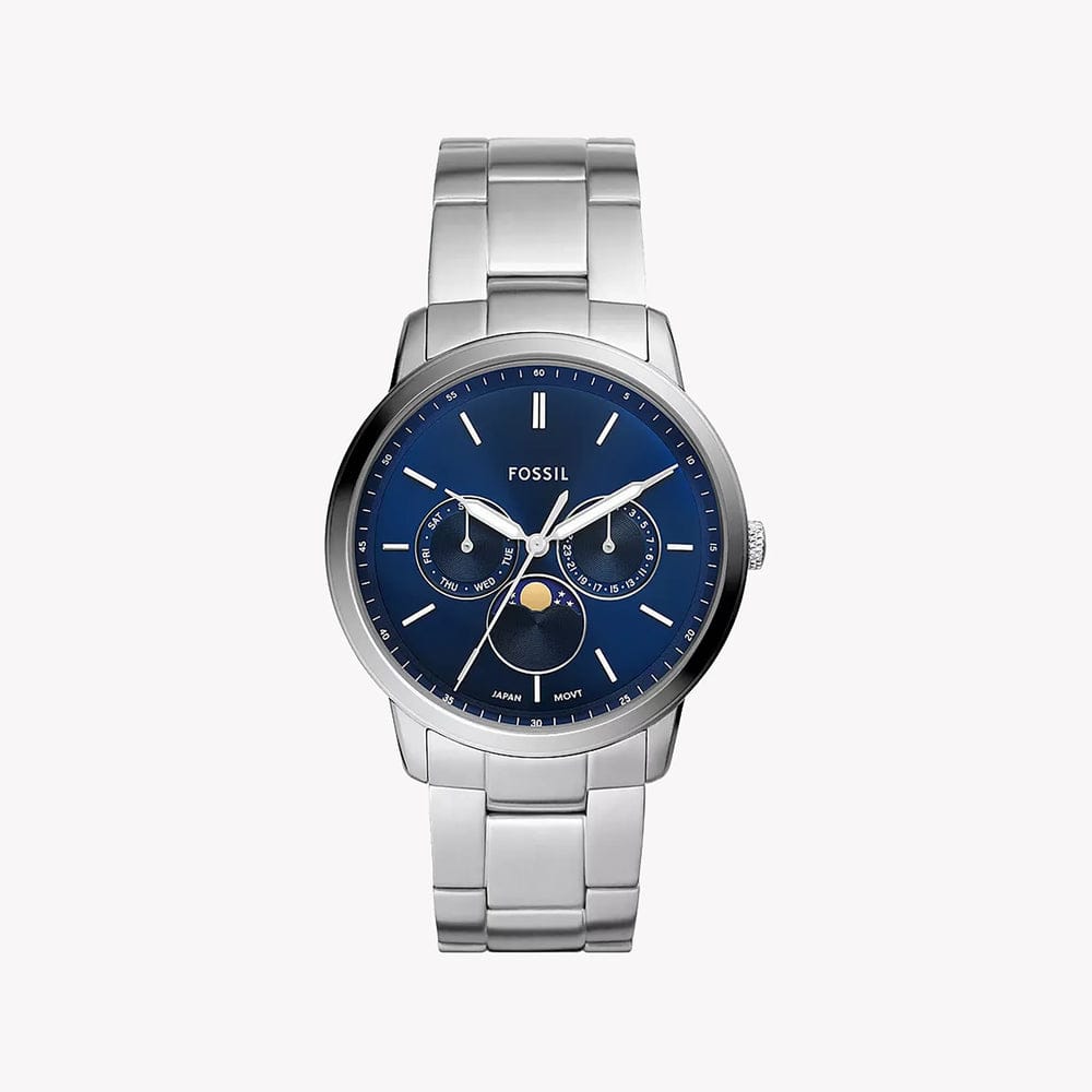 FOSSIL NEUTRA MOONPHASE SILVER STAINLESS STEEL BLUE DIAL COSMOGRAPH