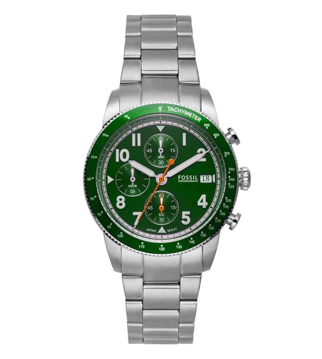 FOSSIL SPORT TOURER SILVER STAINLESS STEEL GREEN DIAL CHRONOGRAPH