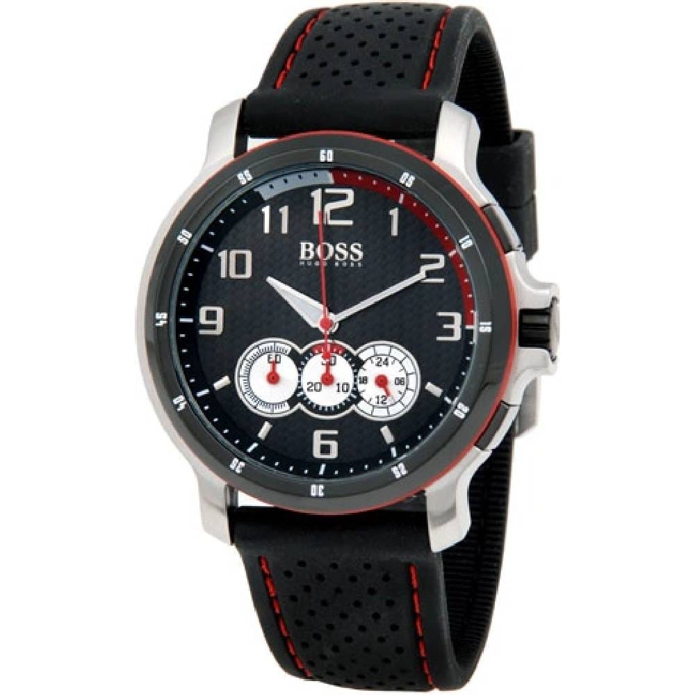 HUGO BOSS CARBON FIBER BLACK LEATHER STRAP MULTI DIAL CHRONOGRAPH