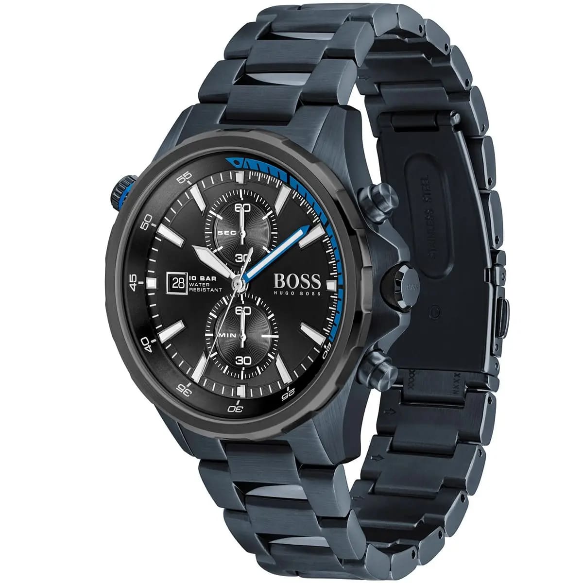 HUGO BOSS GLOBETROTTER BLUE STAINLESS STEEL BLACK DIAL CHRONOGRAPH