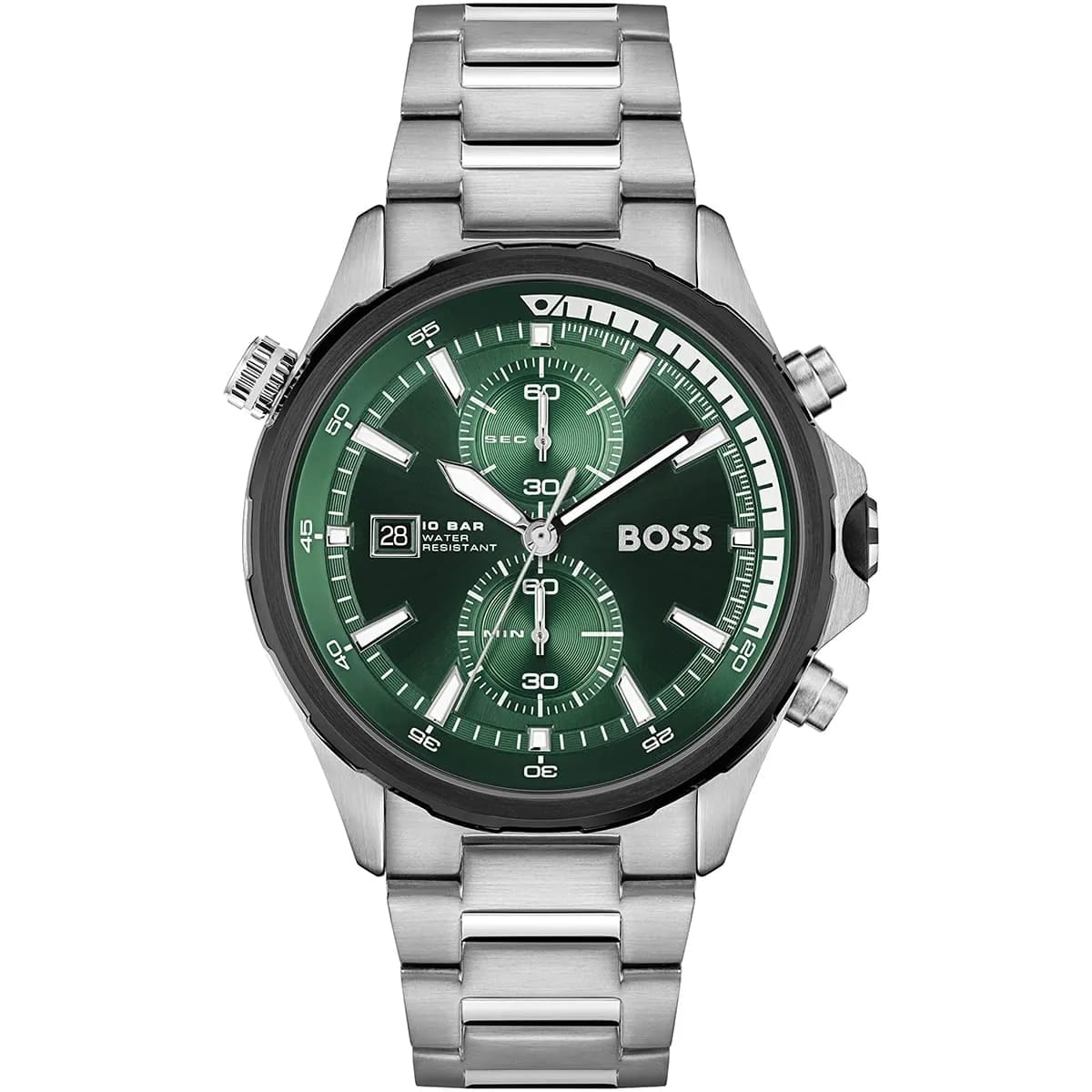 HUGO BOSS GLOBETROTTER SILVER STAINLESS STEEL GREEN DIAL CHRONOGRAPH