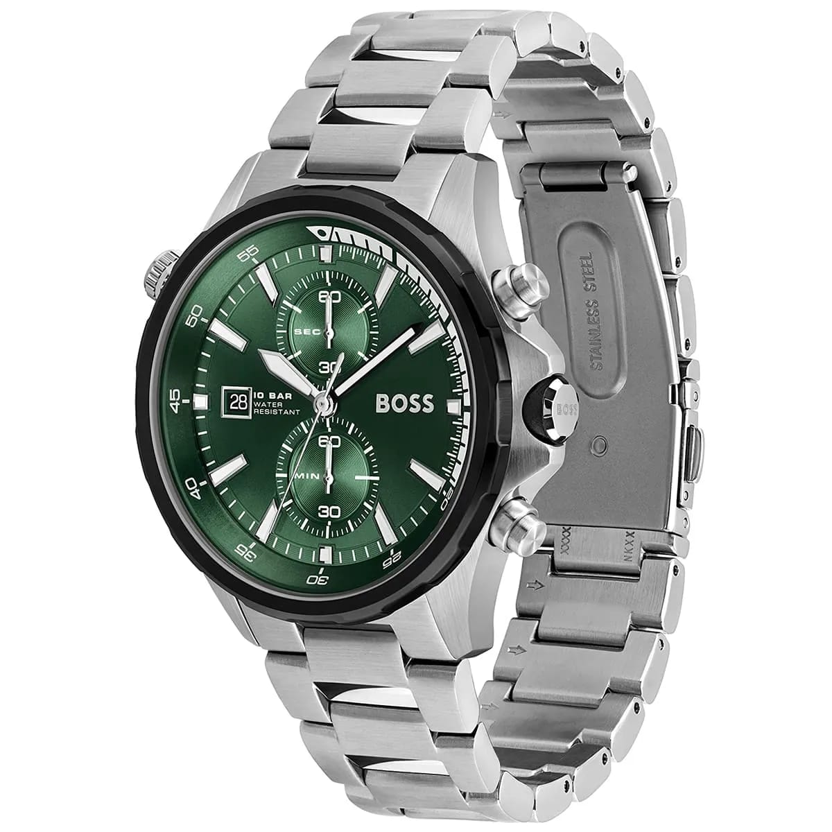 HUGO BOSS GLOBETROTTER SILVER STAINLESS STEEL GREEN DIAL CHRONOGRAPH