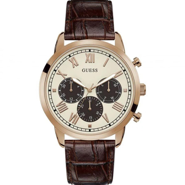 GUESS HENDRIX BROWN LEATHER STRAP & WHITE DIAL