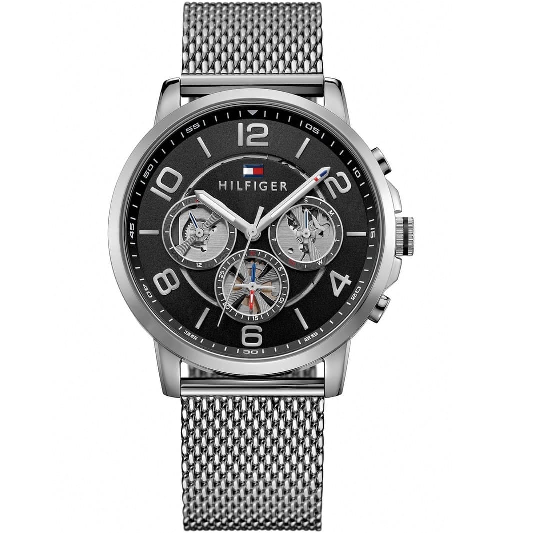 TOMMY HILFIGER KEAGAN SILVER STAINLESS STEEL MESH BRACELET BLACK DIAL COSMOGRAPH