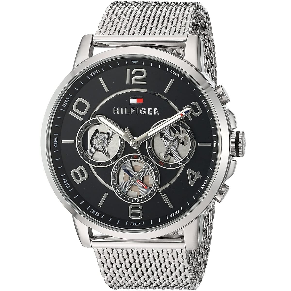 TOMMY HILFIGER KEAGAN SILVER STAINLESS STEEL MESH BRACELET BLACK DIAL COSMOGRAPH