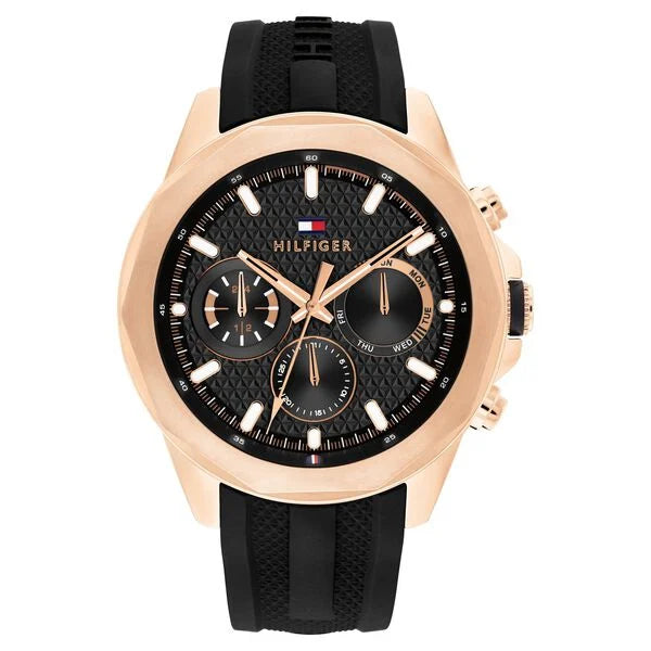 TOMMY HILFIGER LARS BLACK SILICONE STRAP BLACK DIAL COSMOGRAPH