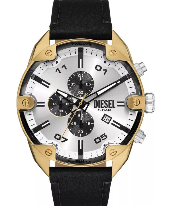 DIESEL SPIKED BLACK LEATHER STRAP WHITE DIAL