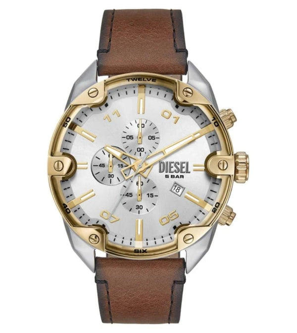 DIESEL SPIKED BROWN LEATHER STRAP WHITE DIAL